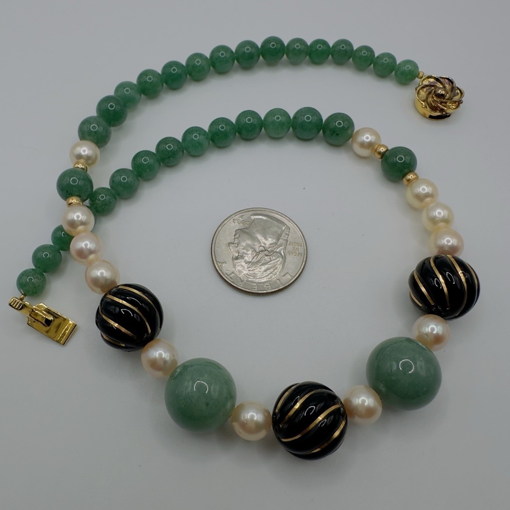 Artisan Gemstone & Pearl Necklace Black Gold Swirl Bead Statement Necklace 18" - Picture 6 of 13